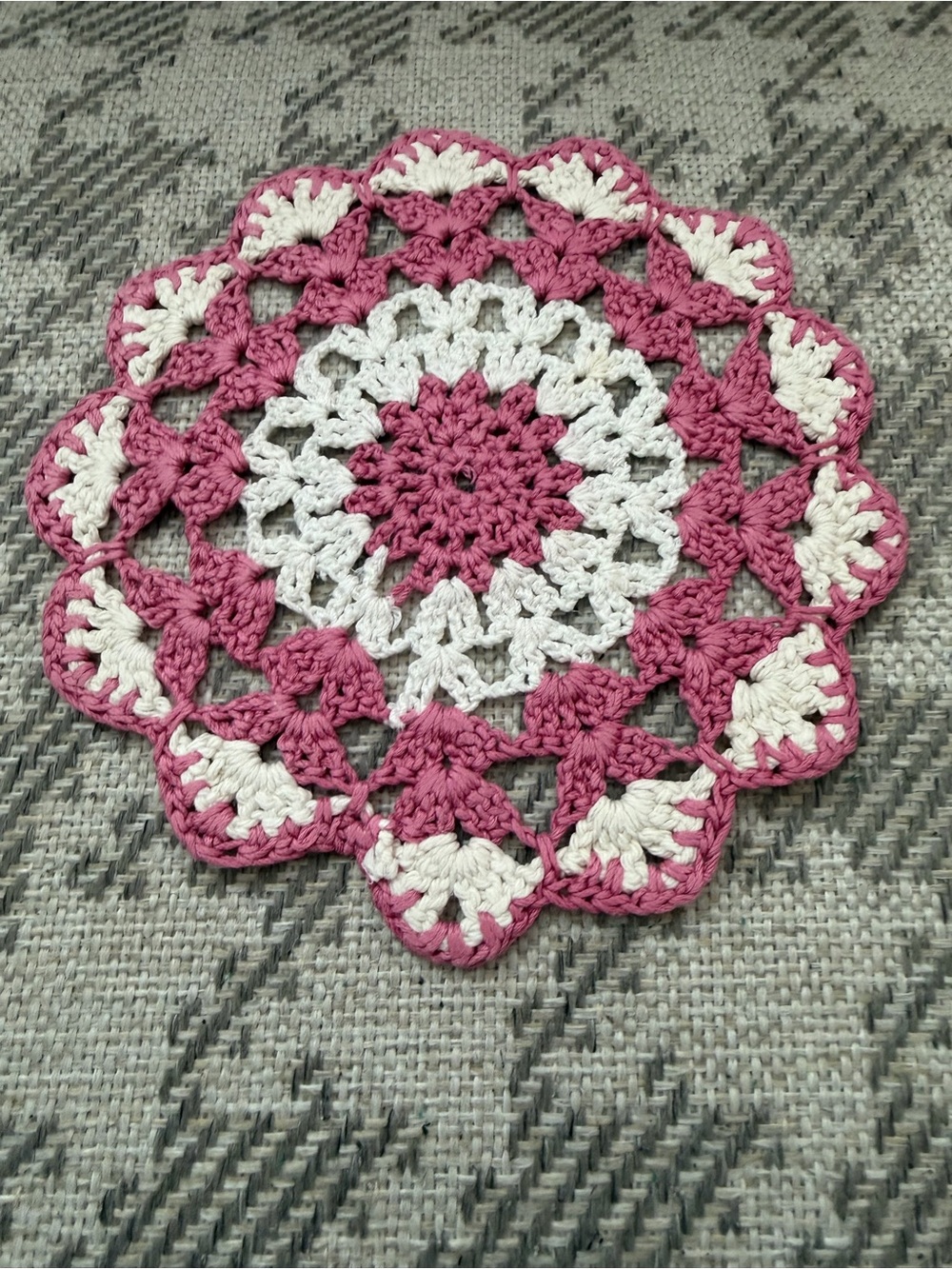 Vintage Pink & White Handmade Crochet Mandala Doily